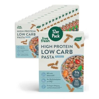 Abbildung von Live Fresh High Protein Low Carb Nudeln Vegane Vollkorn Fusilli mit 51g 80% mehr Ballaststoffe &amp; 70% weniger Kohlenhydrate Lebensmittel zum Abnehmen Muskelaufbau 12x250g