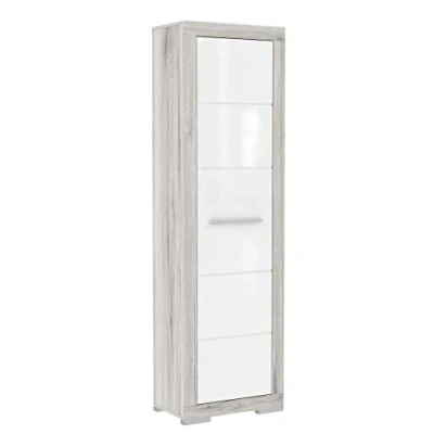 Abbildung von FORTE ATTRUS Schrank 60, Kleiderschrank klein, Flurschrank schmal, Garderobenschrank Skandinavisch, Weiß Hochglanz mit Holzdekor: Sandeiche, 58 cm breit x 198.5 hoch 36 tief