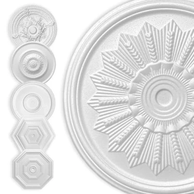 Abbildung von HEXIM Stuckrosette Styropor EPS weiß, Deckenrosette rund &amp; eckig, Innendekor für Decke Wand, Lampe Wanddekoration Schlafzimme, Barock (40x40 cm Sonne)