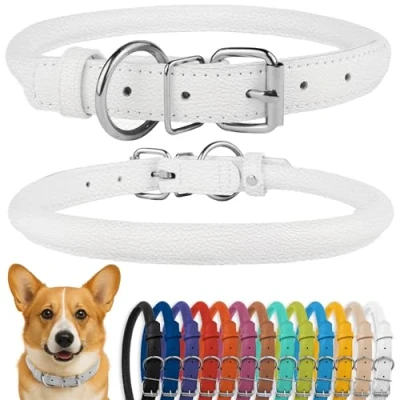 Abbildung von CollarDirect Rundes Leder Hundehalsband, weich gepolstert gerollt, handgefertigtes Echtleder Halsband für Hund Welpe Katze Klein Groß Schwarz Rosa Rot Lila Blau