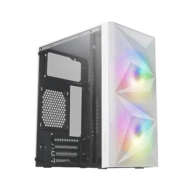 Abbildung von Mars Gaming MC ME Weiß, Kompaktes MicroATX Gehäuse, Seitenfenster aus Gehärtetem Glas, Geometrisches Total Mesh Frontdesign, 2X 120mm FRGB Lüfter
