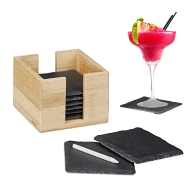 Abbildung von relaxdays Getränkeuntersetzer Schiefer Untersetzer 8er Set Bambusbox