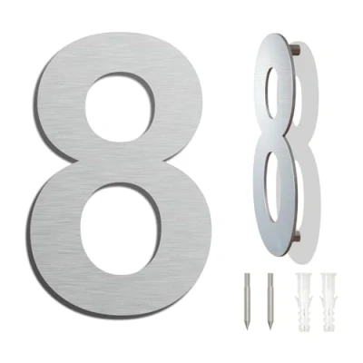 Abbildung von Edelstahl Hausnummer Wetterfest und Pflegeleicht Metallic Mattes Silber Finish Moderner Schwebender Aussehen Einfache Installation Höhe 152 mm Arial Ziffer 8