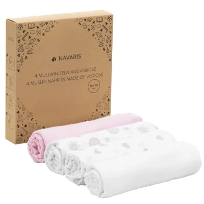 Abbildung von Navaris Baby Mullwindel Set 4x Mulltuch zum Stillen Pucken Wickeln 80x80cm Pucktuch Spucktuch Stilltuch umweltfreundlich pink und weiß