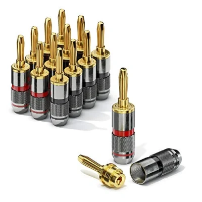 Abbildung von conecto CC50642 Bananenstecker High End Professionell (100% Kupfer!) für alle Lautsprecherkabel mit einem Durchmesser von max. 6mm², 12 Stück Farbcodierung (6X rot, 6X schwarz), 24k vergoldet