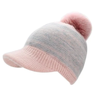 Abbildung von dy_mode Strickmütze Damen Schirmmütze Gefüttert zweifarbige mit Bommel