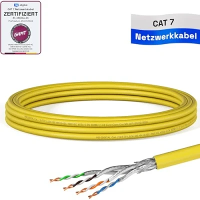 Abbildung von HB DIGITAL 5m CAT 7 Netzwerkkabel LAN Kabel Verlegekabel Ethernet Installationskabel 10 Gbit/s AWG23 S/FTP GHMT Zertifiziert reines Kupfer LSZH BauPVO Klasse Cca Datenkabel Simplex Gelb
