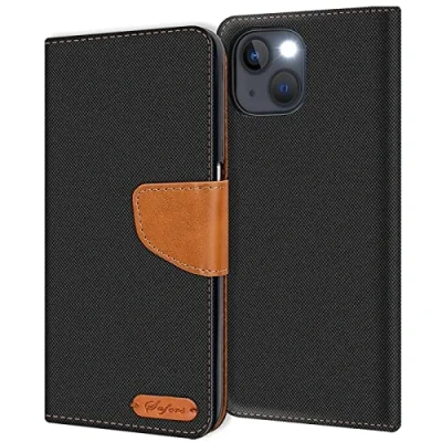 Abbildung von Verco kompatibel mit Apple iPhone 14 Plus Hülle, Schutzhülle für Tasche Denim Textil Book Case Flip Klapphülle, Schwarz