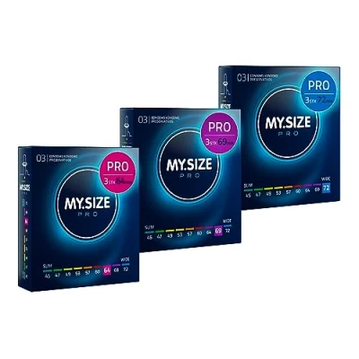 Abbildung von MY.SIZE XXL Kondome PRO «Probierset XXXL» (64mm, 69mm, 72mm) 3 Packungen mit je Maßkondomen, insgesamt, 9 St., zum Anprobieren und Austesten, die neue Generation