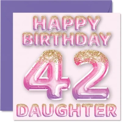 Abbildung von Geburtstagskarte zum 42. Geburtstag für Tochter rosa &amp; lila Glitzerballons Happy Birthday Karten 42 Jahre alte von Mama Papa Eltern, 145 mm x Geburtstagsgrußkarten Geschenk