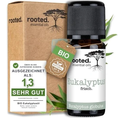 Abbildung von rooted.® BIO Eukalyptusöl 10ml [100% NATURREIN] Echter Eukalyptus Eucalyptus globulus für Aromatherapie, Duftlampe, Diffusoren, Raumduft, Duftkerzen und Seifen