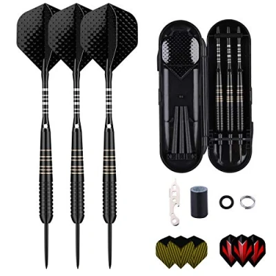 Abbildung von sanfeng Dartpfeile mit Metallspitze, 3 Stück 23 Gramm Steeldarts, Steel Darts Pfeile Aluminum Schafts 9 Flights,50 Anti Lose Gummiringe 12 Spring Rings 1 Dart Tool Sharpener