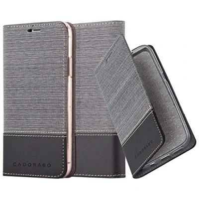 Abbildung von Cadorabo Hülle kompatibel mit Apple iPhone 13 PRO MAX aus Jeans und Kunst Leder Flip Klappbare Stoßfeste Magnetische [Standfunktion] [Kartenfächern] Cover für Tasche in Grau