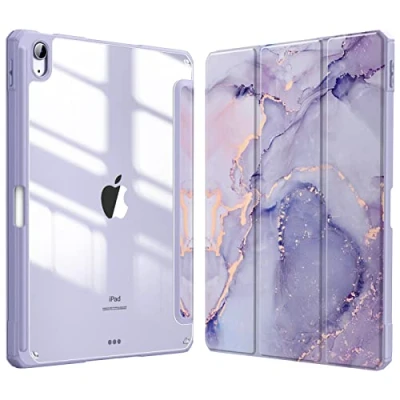 Abbildung von Fintie Hybrid Slim Case für iPad Air 5th Generation (2022) / 4th (2020) 10.9 Zoll [Eingebauter Stifthalter] Stoßfeste Abdeckung mit klarer, transparenter Rückschale, lila Marmor