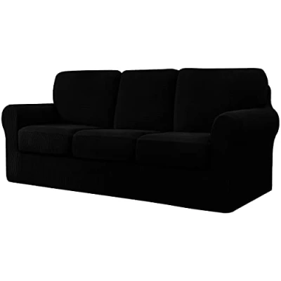 Abbildung von CHUN YI Sofabezug Stretch Sofa Überwürfe mit separaten Kissen und Rückenbezügen Elastisch Sitzkissenbezug Sofahusse Couchbezug Wohnzimmer Dekor(Schwarz,3 Sitzer)