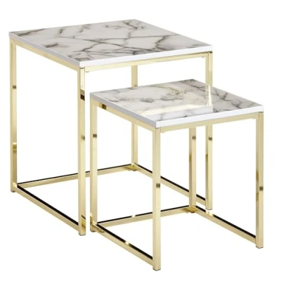 Abbildung von FINEBUY Satztisch FB24018 (2er Set Weiß Marmor Optik Eckig, Beistelltisch), Couchtisch 2 teilig, Anstelltisch Modern Klein