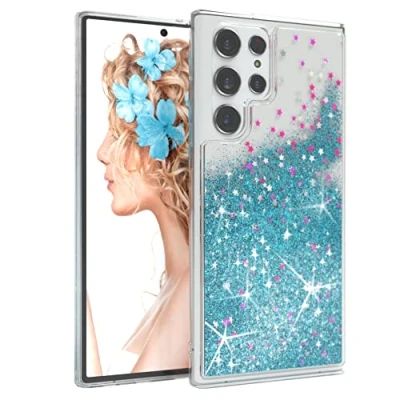 Abbildung von EAZY CASE Hülle kompatibel mit Samsung Galaxy S22 Ultra Schutzhülle Flüssig Glitzer, Handyhülle, Schutzhülle, Back Cover Glitter Flüssigkeit, TPU/Silikon, Transparent/Durchsichtig, Blau