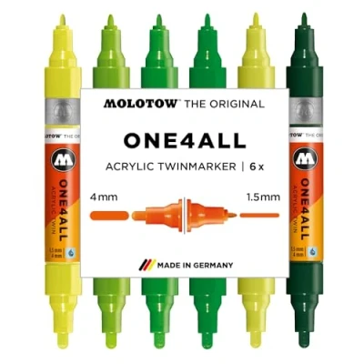 Abbildung von Molotow One4All Acrylic Twin Marker Green Set (1,5 und 4,0 mm Strichstärke, hochdeckend permanent, schnell trocknend, nachfüllbar, für fast alle Untergründe) 6 Stück sortiert