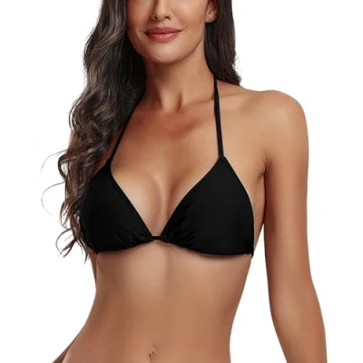 Abbildung von FITTOO Triangel Bikini Oberteil Große Brüste Damen Push up Sport Neckholder Rückenfrei Bikinioberteil mit Polster Schwarz, S