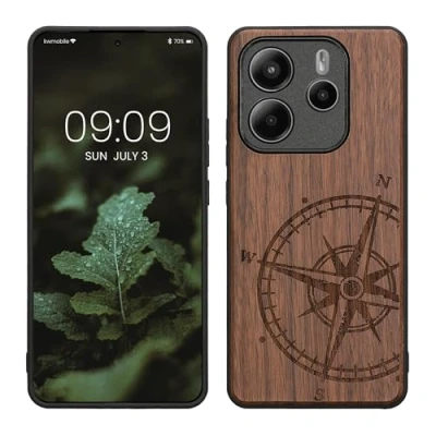 Abbildung von kwmobile Hülle kompatibel mit Xiaomi Redmi Note 14 5G Holz Case Handy Cover TPU Handyhülle in Dunkelbraun Kompass Vintage