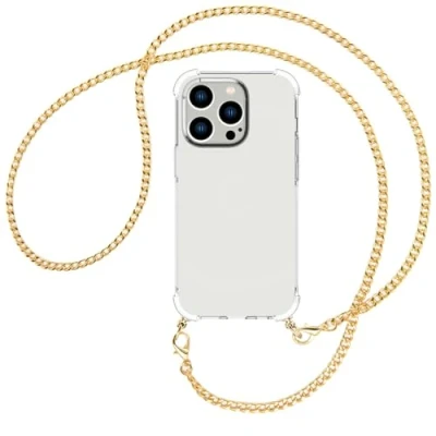 Abbildung von mtb more energy® Handykette kompatibel mit iPhone 15 Pro Metallkette (Gold) Smartphone Hülle zum Umhängen Anti Shock Full TPU Case