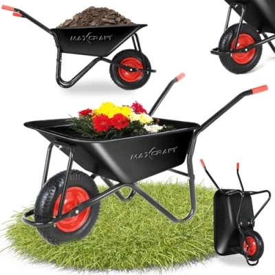 Abbildung von MAXCRAFT Schubkarre 250 kg 100 L Bauschubkarre Gartenschubkarre Transportkarre Schiebkarre mit Luftbereifung Schwarz/Rot Black Edition