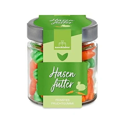 Abbildung von Hasenfutter Fruchtgummis im Glas Ostergeschenk für Kinder und Erwachsene Karotten Süßigkeiten das Osternest Gummibärchen in Form Perfektes