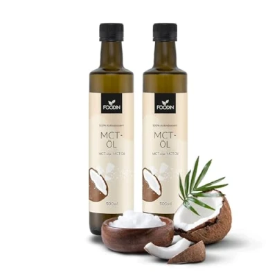 Abbildung von FOODIN MCT Öl 1000ml (2 x 500 ml) aus 100% Kokosöl, Multi Chain Triglyceride (MCT) Oil, Hergestellt produzierter Kokosnuss, glutenfrei und vegan, Ideal für Ketogene Ernährung