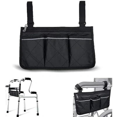 Abbildung von KONAMO Rollstuhltasche mit Taschen Universelle wasserdichte Armlehnen Seitentasche für Elektrorollstuhl, Scooter, Gehhilfe, Zubehör, Schwarz