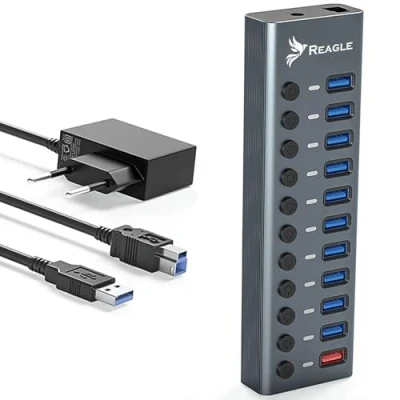 Abbildung von Reagle Aktiver USB 3.2 Gen 1 Hub mit 11 Ports (10 Daten, Laden), 5 Gbps Datenübertragung, 36W Netzteil, Einzelschalter pro Port, Plug &amp; Play, LED Anzeigen, Aluminiumgehäuse