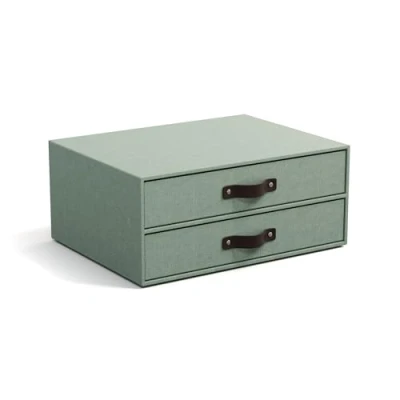 Abbildung von Bigso Box of Sweden BIRGER Schubladenbox für Dokumente und Bürobedarf Schreibtisch Organizer mit 2 Schubladen Ablagesystem aus Faserplatte Papier in Leinenoptik mintgrün