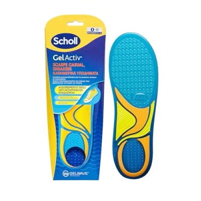 Abbildung von Scholl GelActiv Einlegesohlen für Freizeitschuhe und Sneaker, aus Memory Schaum mit GelWave Dämpfungstechnologie, Komfort Menschen, die immer unterwegs sind, Größe S