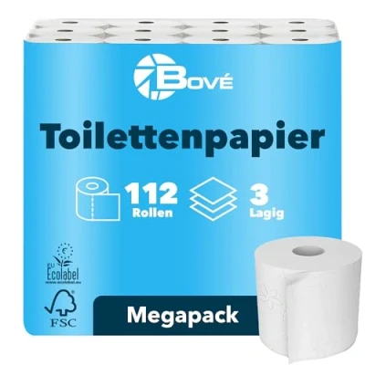 Abbildung von BOVE Toilettenpapier 3 lagig 112 Rollen Megapackung 250 Blatt pro Rolle Extra Weich, Stark &amp; Saugstark FSC EU Ecolabel Zertifiziert Preis Leistungs Knaller