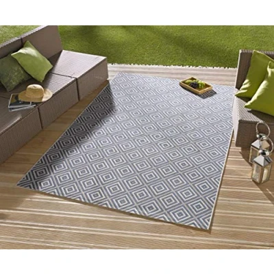 Abbildung von NORTHRUGS in und Outdoor Teppich Karo 140x200cm Wetterfest Modern Geometrisches Muster Kariert Allover Design Läufer für Balkon Terrasse Garten Wintergarten Wohnzimmerteppich Wasserfest Blau