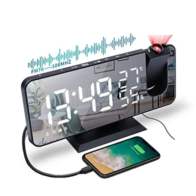 Abbildung von VORRINC Projektionswecker, Radiowecker Digitaler Wecker mit FM Radio, 7&quot; LED Spiegelbildschirm, Dual Alarm USB Anschluss, 4 Projektionshelligkeit, 180 Flip Anzeige und 12 / 24H