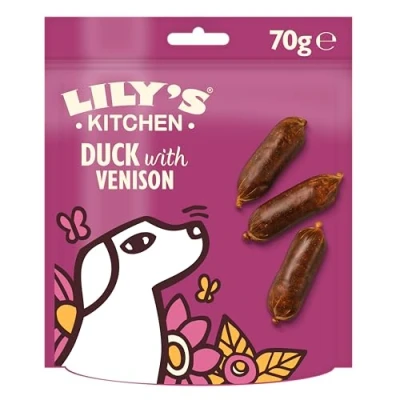 Abbildung von Lily’s Kitchen Hergestellt mit natürlichen Zutaten Leckerli Packung für ausgewachsene Hunde Köstliche Ente Wildbratwürstchen Getreidefreie Rezeptur 8 x 70g