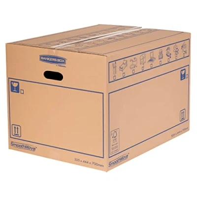 Abbildung von Bankers Box Umzugskarton 100L SmoothMove™, 100% recycelte Wellpappe, mittlere Stabilität, mit Tragegriffen und Beschriftungsfeldern, 10 Stück