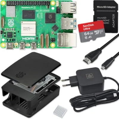 Abbildung von Raspberry Pi 5 4GB Starter Kit/USB C 27W Netzteil/Gehäuse mit Lüfter / 32GB SD Karte/Micro HDMI Kabel/Schwarz
