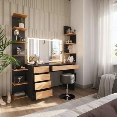 Abbildung von Vicco Schminktisch Sherry, Anthrazit/Goldkraft Eiche, 120 x 75 cm mit LED Spiegel und Hocker