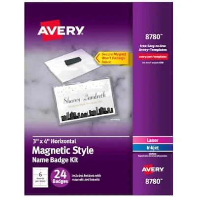 Abbildung von Avery Personalisierbare Namensschilder mit Magneten, 7,6 x 10,2 cm, klare Namensschild Halter weißen bedruckbaren Einsätzen, 24 magnetische (8780)