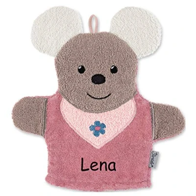 Abbildung von Sterntaler Spiel Waschhandschuh mit Namen bestickt, Maus Mabel Waschlappen für Kinder &amp; Babys personalisiert, 22 cm Rosa Mädchen