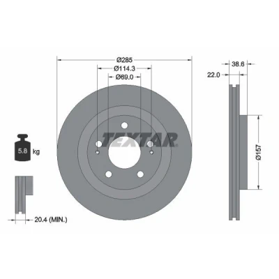 Abbildung von TEXTAR 92148500 Bremsscheibe 285 22 05/07 114,3 innenbelüftet ohne Radbefestigungsbolzen, Radnabe MITSUBISHI: Pajero Pinin