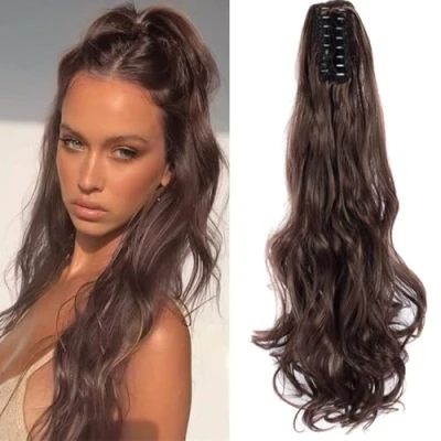 Abbildung von Pferdeschwanz Haarteil Gewellt, 50 cm Haar Extensions Zopf Lang, Clip Gewellt für Synthetische, Schokoladenbraun Frauen