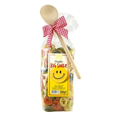 Abbildung von Bull &amp; Bear bunte Smiley Nudeln, 250g, Motivnudeln aus Hartweizengrieß, handgefertigt in deutscher Manufaktur, Pasta Geschenk, inkl. Holzlöffel
