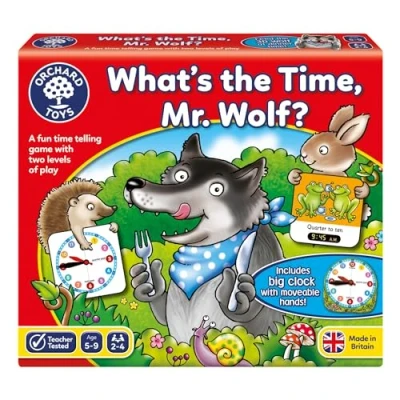 Abbildung von Orchard Toys What&#039;s The Time, Mr Wolf Game, Educational Game for Children Aged 5 9, Two Ways to Play, Teaches Time Telling Skills, Includes Moveable Clockface, Learning Made Fun