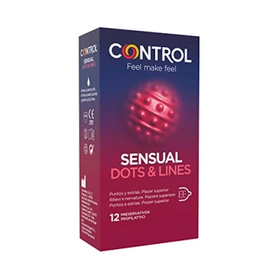 Abbildung von CONTROL CONDOMS Kondome SENSUAL Dots &amp; Lines Packung mit, 12 St., anatomische mit Noppen und Rippen, tiefgehend stimulierende