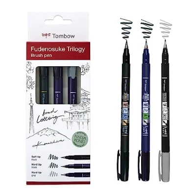 Abbildung von Tombow Fudenosuke Triology Set, elastische Pinselspitze, perfekt fürs Hand Lettering, Sketching &amp; Bullet Journaling, 3er WS BHS 3P