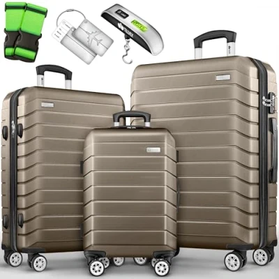 Abbildung von tillvex® Reisekoffer Set 3 TLG. + Gepäckwaage, 6X Koffergurte &amp; 3X Kofferanhänger Kofferset 4 Rollen Trolley Gepäck Koffer TSA Schloss Rollkoffer Hartschalenkofferset S M L XL (Roségold)