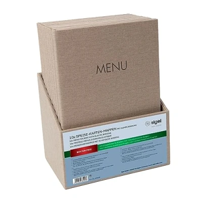 Abbildung von SIGEL SM208 Speisekarten Mappen A4 Set: 10 Stück mit gratis Aufbewahrungsbox Gummi Bindung, beige Leinenstruktur, strapazierfähig und leicht abwischbar