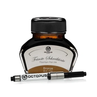 Abbildung von Octopus Fluids Füllhaltertinte im Tintenglas inklusive Konverter, Schreibtinte für Füllhalter, Füllertinte in Bronze 30ml mit Tintenkonverter